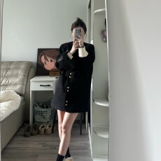 批发军阀千金黑色中长款法式小香风外套女上衣秋冬季连衣裙子
