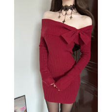 批发圣诞红<b class='q'>连衣裙</b>女御姐风气质蝴蝶结性感显身材包臀短裙