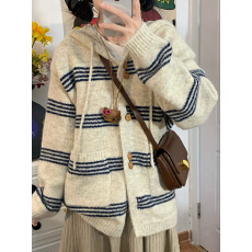 批发慵懒连帽条纹针织开衫秋<b class='q'>冬</b>季秋<b class='q'>冬</b>中长款宽松上衣毛衣韩系外套