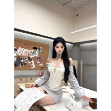 批发甜辣性感气质御姐一字肩上衣高腰包臀半身短裙两件套女装夏季新款