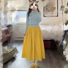 批发套装女春季新款韩系减龄假两件针织开衫长袖毛衣高腰显瘦半身裙潮