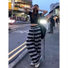 批发撞色条纹裤女松紧腰休闲裤<b class='q'>夏季</b>今年流行慵懒风宽松阔腿显瘦拖地裤