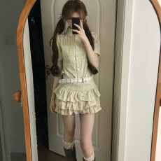 批发时髦预科生复古重工格纹<b class='q'>衬衫</b>蓬蓬半身裙套装女