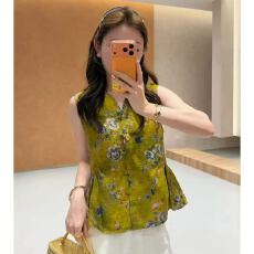 批发夏季气质复古碎花单排扣小衫新中式上衣