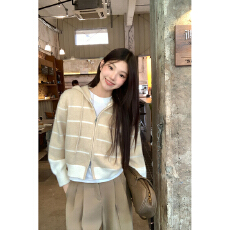 批发撞色条纹小个子连帽毛衣<b class='q'>外套</b>女秋冬双拉链设计感小众慵懒休闲开衫