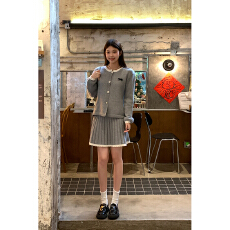 批发实拍<b class='q'>韩国</b>一整套木耳领气质针织开衫毛衣套装女秋冬百褶裙女两件套