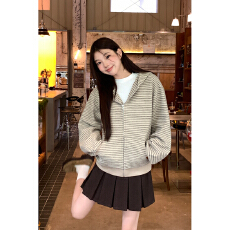 批发实拍韩版卡其色时尚条纹连帽卫衣外套女秋冬新款宽松休闲长袖上衣