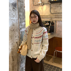 批发实拍复古费尔岛提花<b class='q'>毛衣</b>开衫女冬<b class='q'>新款</b>软糯慵懒风宽松针织外套上衣