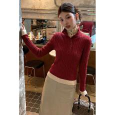 批发实拍韩系撞色POLO领<b class='q'>假两件</b><b class='q'>针织衫</b>女冬内搭学院风收腰显瘦长袖毛衣