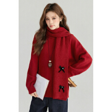 批发实拍慵懒风新年红色<b class='q'>毛衣</b>女秋冬季<b class='q'>新款</b>加厚围脖针织衫上衣