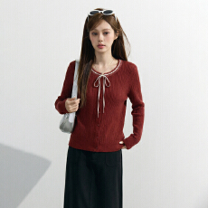 批发实拍设计感蝴蝶结系带红色<b class='q'>毛衣</b>女秋冬<b class='q'>新款</b>显瘦内搭打底衫