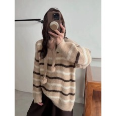 批发冬新款2025针织衫条纹内搭上衣V领女宽松挂脖套头韩加厚韩系毛衣