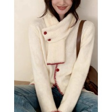 批发2025秋冬<b class='q'>新款</b>纯色针织开衫带围脖韩系撞色外搭上衣女套装毛衣<b class='q'>外套</b>