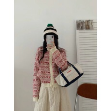 批发复古氛围感提花撞色<b class='q'>圆领</b><b class='q'>针织</b>衫<b class='q'>开衫</b>女2025秋冬新款费尔岛毛衣外套