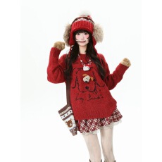 批发童趣立体小狗印花圆领<b class='q'>毛衣</b>女冬季宽松慵懒风套头针织上衣