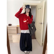 批发韩式可爱风卡通圣诞老人毛衣女冬季大码宽松加厚针织上衣新年穿搭