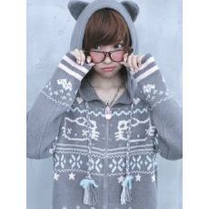 批发原创鬼马古早针织灰 费尔岛针织猫耳连帽外套