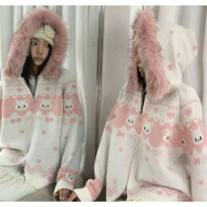 批发2025新款费尔岛卡通提花毛领连帽<b class='q'>开衫</b>保暖毛衣<b class='q'>女</b><b class='q'>针织衫</b>