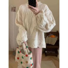 氛围感立体绞花工艺保暖镂空灯笼袖春季新款软糯宽松慵懒风毛衣女