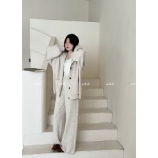 批发慵懒风休闲宽松纯色百搭单排扣连帽毛衣开衫高腰显瘦阔腿<b class='q'>裤</b><b class='q'>套装</b>女