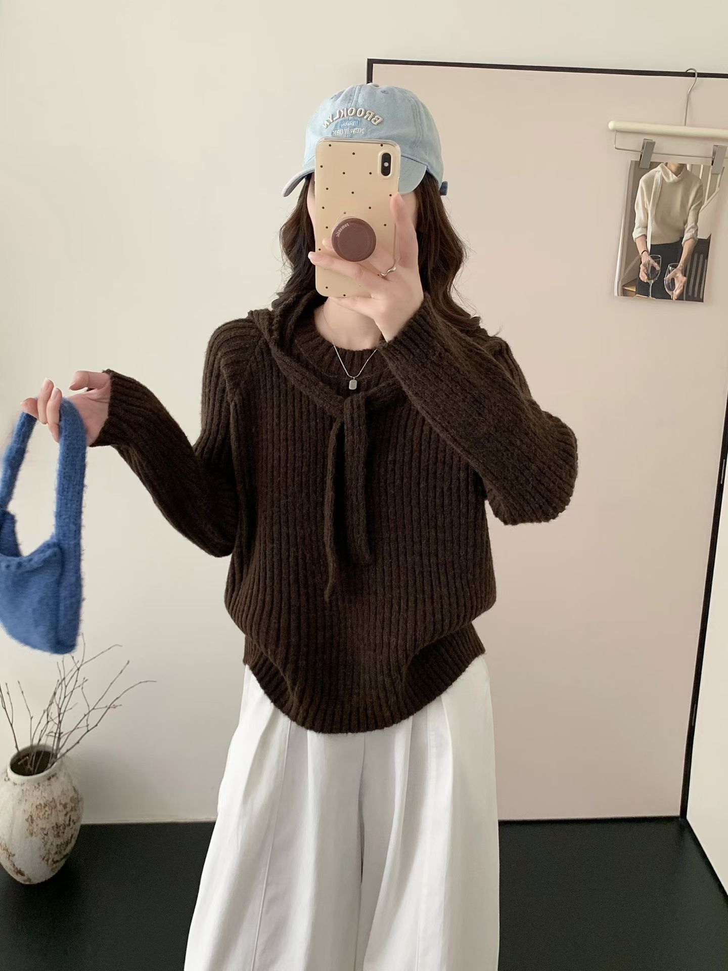 광저우 열세 개 여성 의류 캐주얼 레이스업 탈착식 후드 스웨터 가을 겨울 맨위 루즈핏 느긋한 니트 스웨터