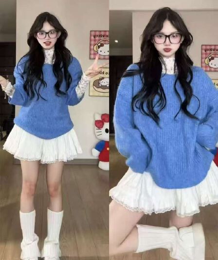 한 부서 파란색 라운드 넥 스웨터 여자 가을 겨울철 2026 새로운 루즈핏 느긋한 고급 센스 수 있습니다. 외출용 인사이드 잡아라. 의류