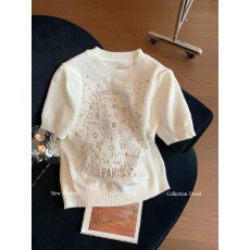 批发小香风重工星星刺绣烫钻针织短袖女2026新款时髦气质显瘦百搭上衣