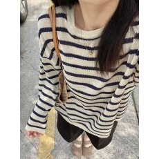 批发chic韩系撞色条纹冰丝针织长袖t恤女<b class='q'>夏</b>季设计感小众独特漂亮上衣