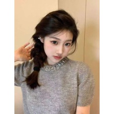 批发miu系千金感灰色带钻圆领短袖针织衫女<b class='q'>夏</b>季宽松气质独特百搭上衣