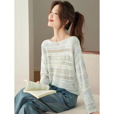 批发早春一字领长袖t恤女2026新款春季洋气镂空<b class='q'>针织</b><b class='q'>罩衫</b>漂亮叠穿上衣