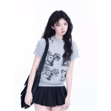 批发<b class='q'>甜美</b>风趣味卡通圆领短袖针织衫2026夏季设计感修身显瘦百搭上衣