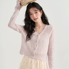 批发木易易短款粉色针织<b class='q'>开衫</b>女2026新款春季薄款<b class='q'>镂空</b>长袖罩衫上衣外搭