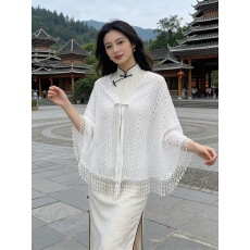 批发<b class='q'>旗袍</b>披肩外搭女2026新款搭配裙子镂空披风白色素雅新中式