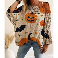 批发春<b class='q'>秋</b>新款圆领南瓜女士长袖百搭款宽松休闲镂空毛衣套衫