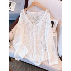 批发广州十三行爆款女装洋气镂空T恤防晒罩衫夏季<b class='q'>圆领</b>长袖套头<b class='q'>针织</b>衫