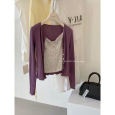 批发宋正恩紫色<b class='q'>针织</b>开衫女早春新款韩系修身短款百搭时尚辣妹上衣外套