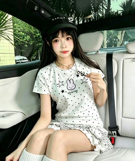 도트 무늬 토끼 프린트 반팔 티셔츠 여성 여름 핫걸 몸매 가꾸기 긍정적 인 어깨 의류