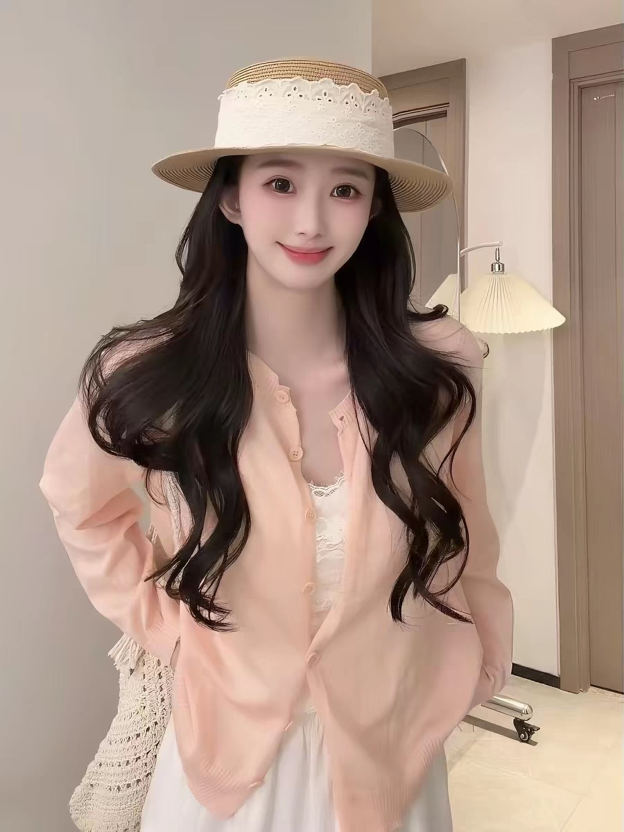 도파민 핑크색 얼음 실크 니트 오픈 가디건 여성 여름 휴가 바람 얇은 스타일 자외선 차단 외부 가져 가라. 블라우스 대나무 마디 마 맨위