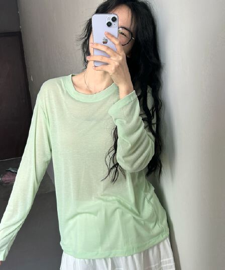 한 부서 루즈핏 느긋한 바람 얇은 스타일 자외선 차단 블라우스 긴팔 티셔츠 여성 봄 여름 캐주얼 마이크로 ~을 통해 핫걸 라운드 넥 맨위