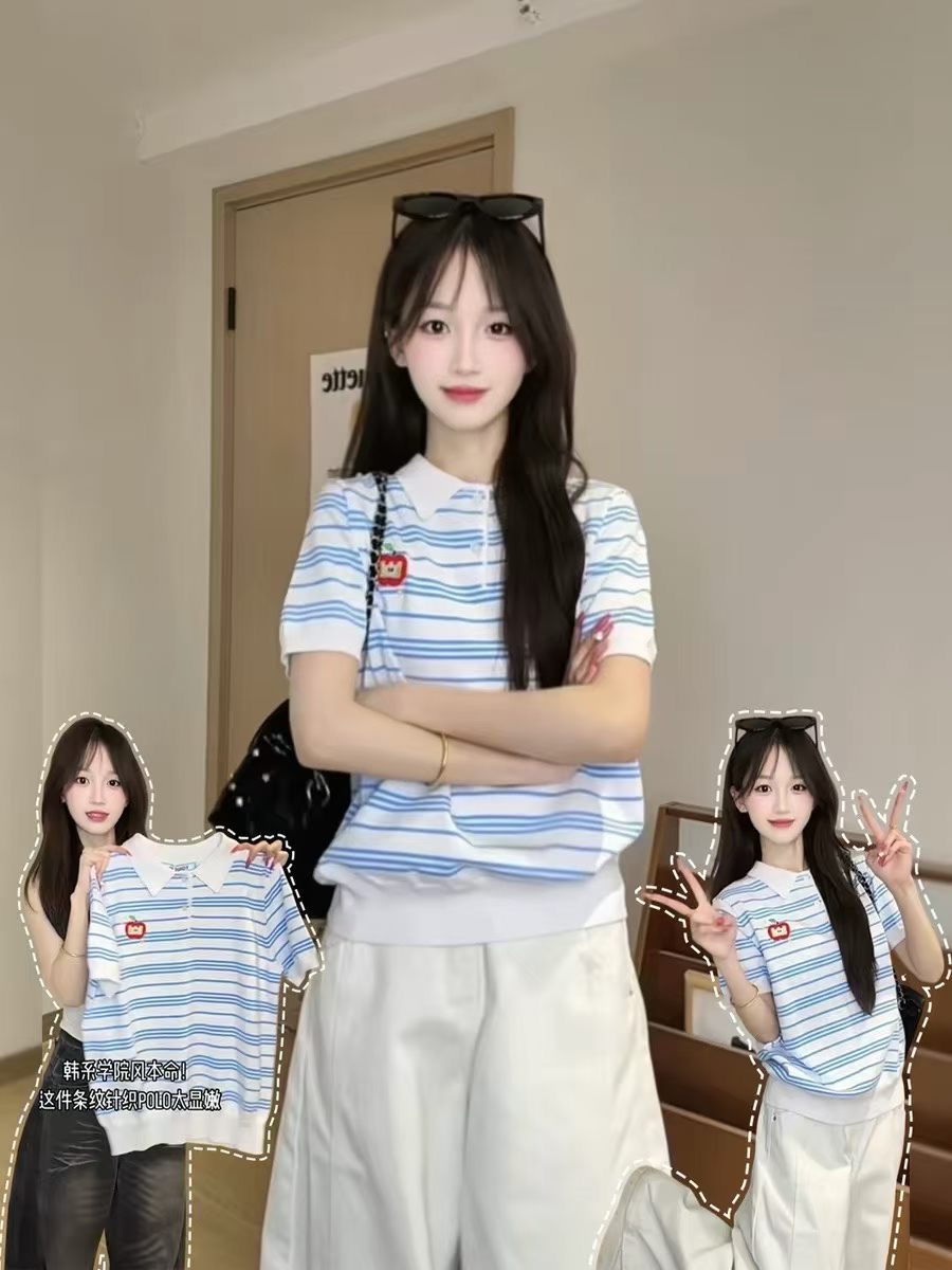 스트라이프 POLO 칼라 반팔 니트 스웨터 여성 여름 얇은 스타일 작은 대중 디자인 센스 슬림해 보이는 학원 스타일 쇼트 스타일 맨위 트렌디