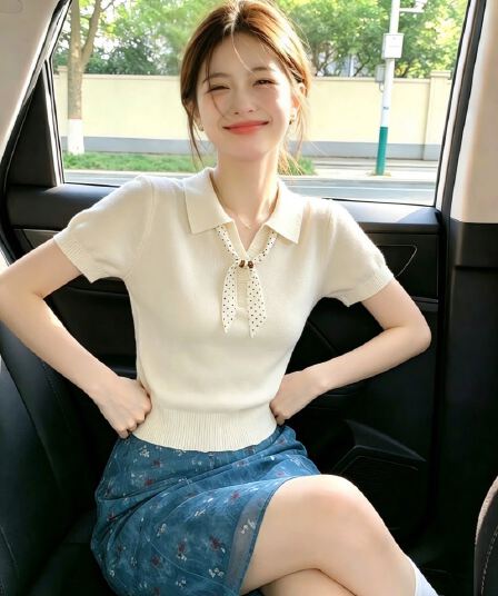 보존 섹션 추천 한 부서 비즈 스카프 POLO 칼라 니트 반팔 여성 여름 새로운 다용도 슬림해 보이는 맨위