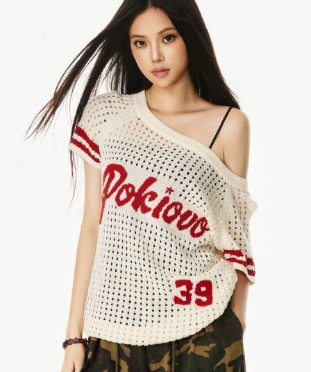 아메리칸 레트로 홀로우 아웃 신발 어깨 반팔 맨위 다용도 캐주얼 여름 통기성 니트 스웨터 블라우스