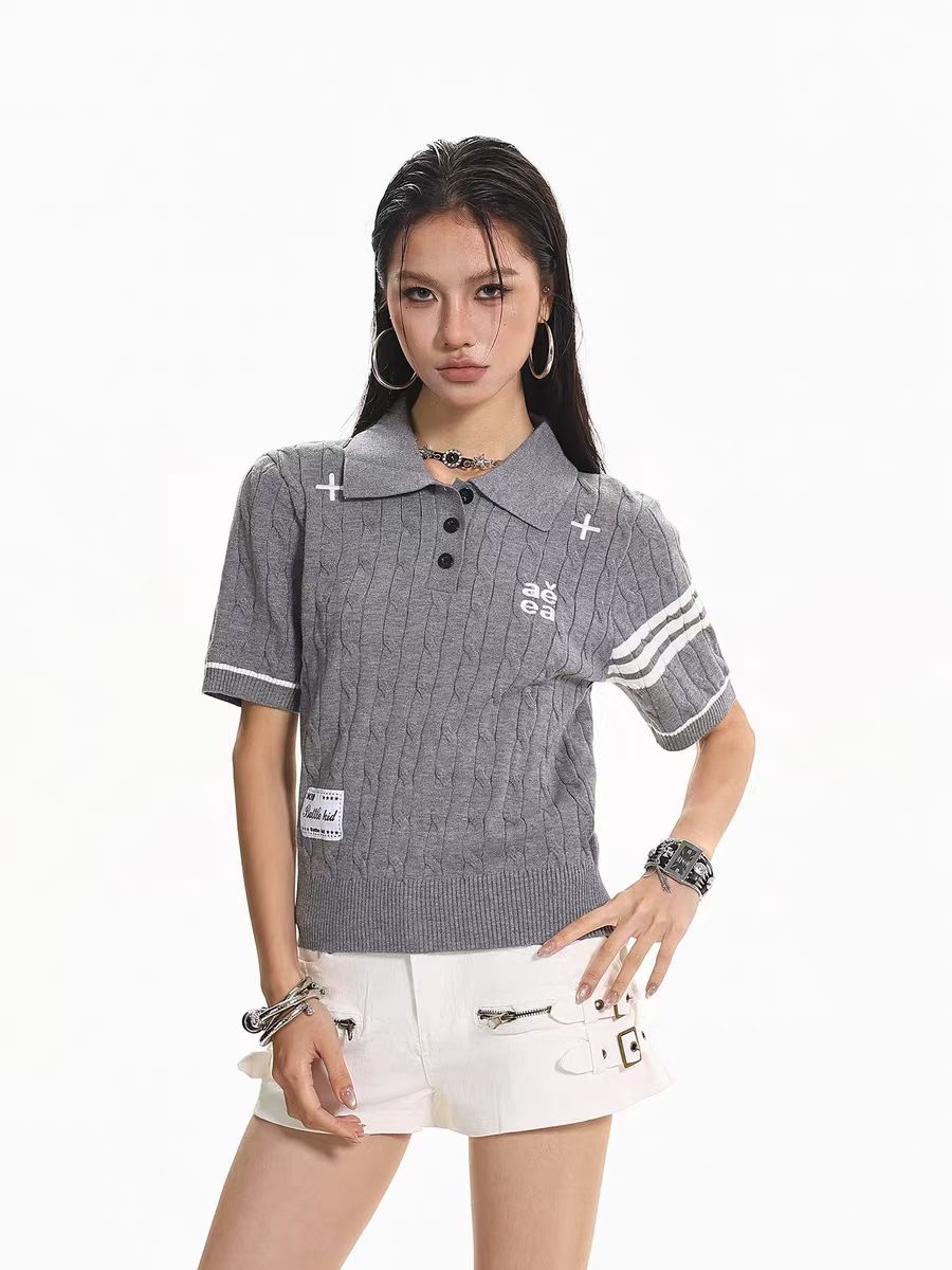 아메리칸 학원 스타일 폴로 칼라 로드 기사 polo 니트 스웨터 반팔 여성 루즈핏 오래된 돈 바람 여름