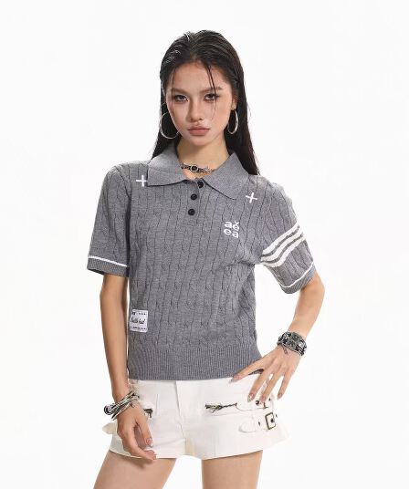 아메리칸 학원 스타일 폴로 칼라 로드 기사 polo 니트 스웨터 반팔 여성 루즈핏 오래된 돈 바람 여름