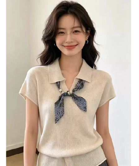 오래된 돈 바람 POLO 칼라 스카프 반팔 니트 스웨터 여성 초기 여름 한 부서 디자인 센스 얇은 스타일 슬림해 보이는 품격 맨위