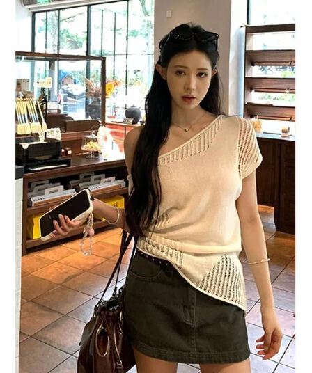 모방 아마 얇은 스타일 슈퍼 잘 생긴 니트 스웨터 여성 여름 품격 슬림해 보이는 반팔 한 부서 비스듬한 어깨 의류 트렌디
