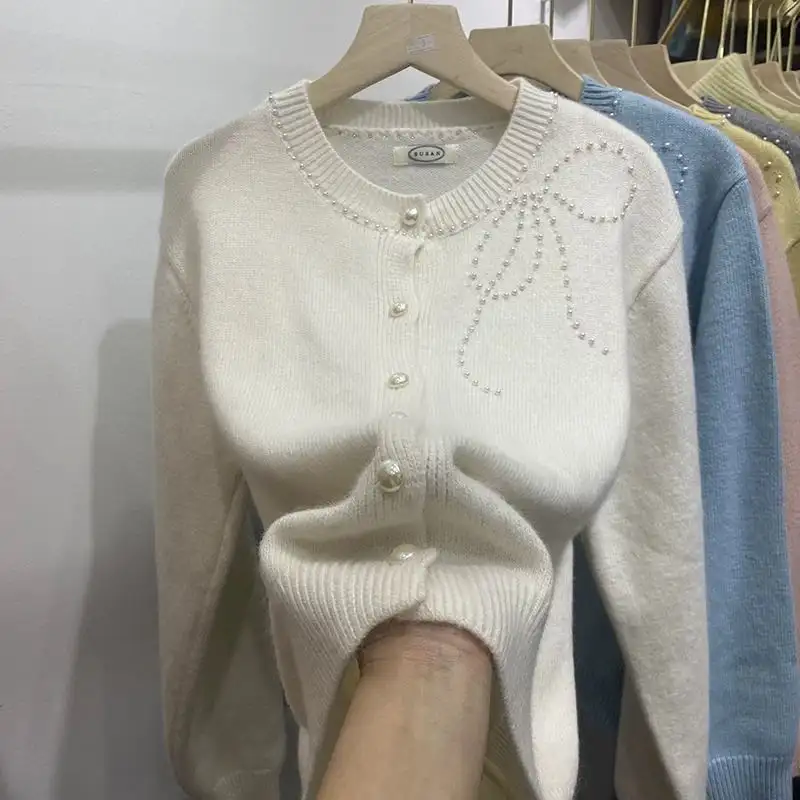 샤넬풍 나비 리본 진주 장식 가디건 상세 이미지 1