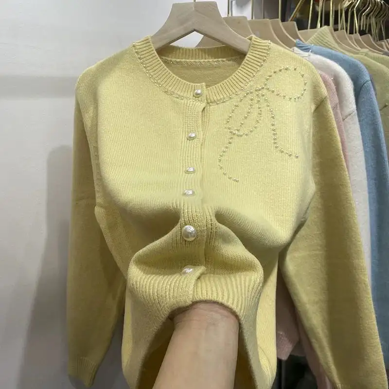 샤넬풍 나비 리본 진주 장식 가디건 상세 이미지 3