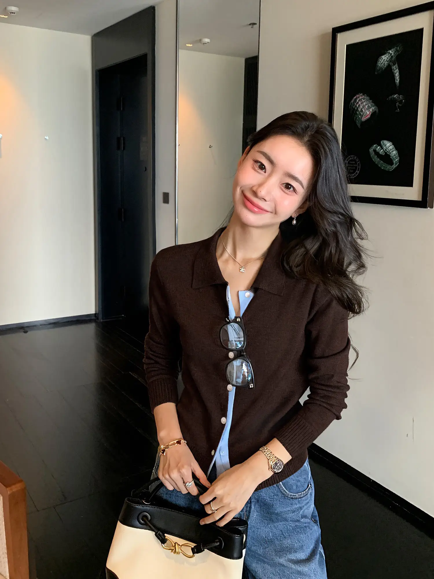 배색 폴로 칼라 가디건 상세 이미지 4