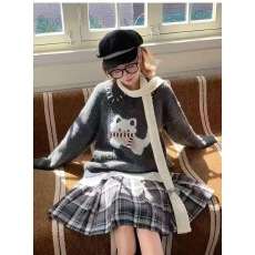 批发秋冬灰色针织衫女2026新款<b class='q'>甜美</b>风猫咪设计感百搭宽松毛衣